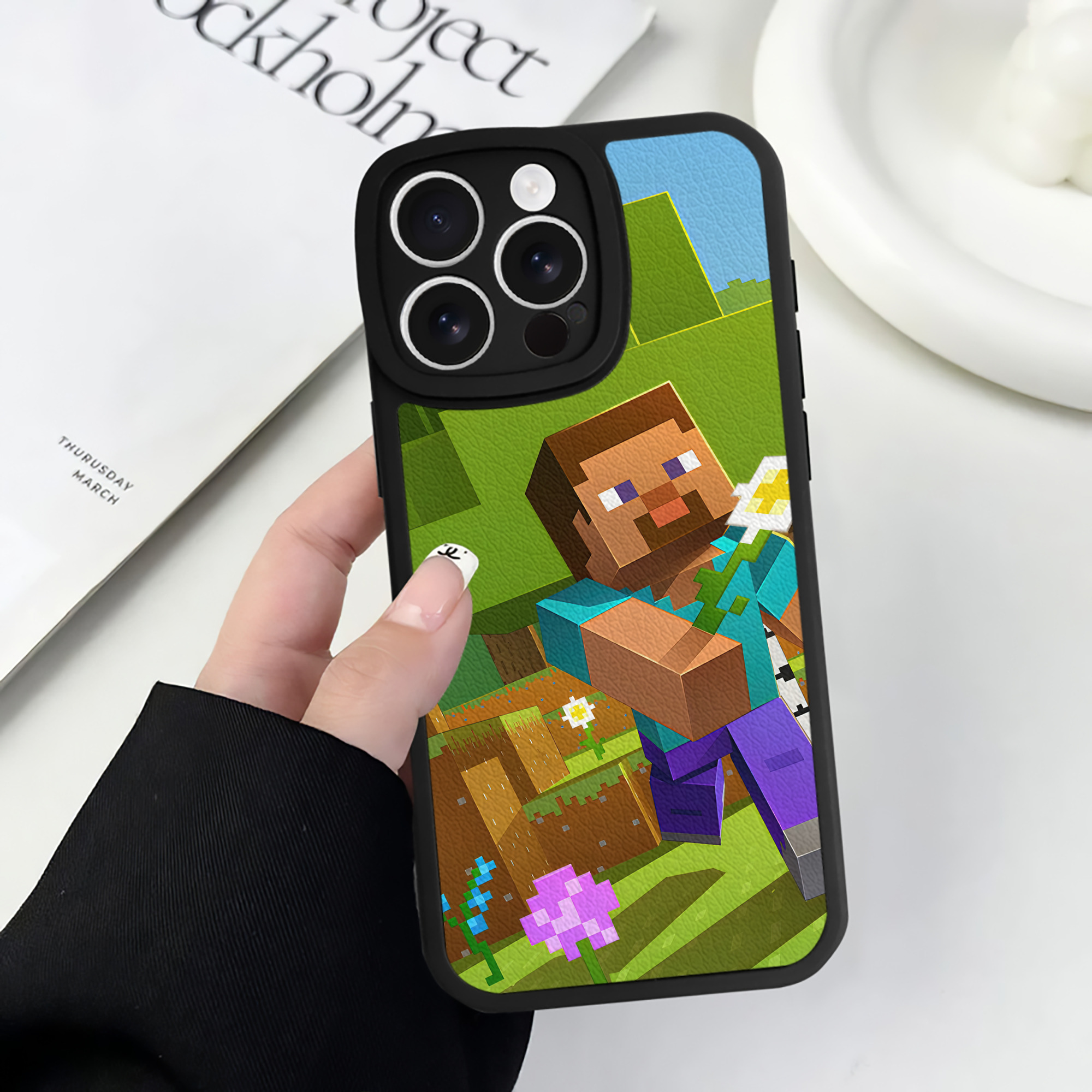 （画像用） マインクラフト ブロックの世界 Minecraft MC Block world 【iPhone 16シリーズ対応】シリコンスマホケース（レザー調） 材質：シリコン